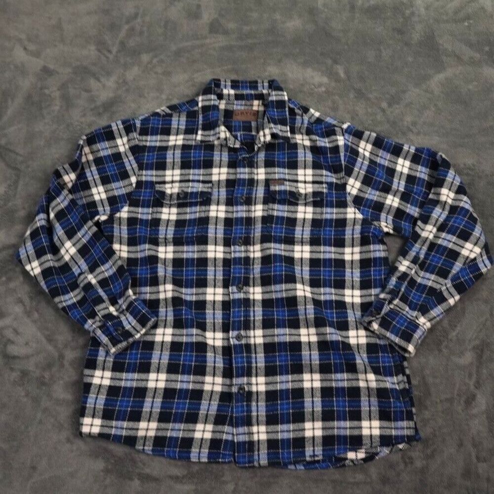 ORVIS Shirtz Mens XL Blue‎ Plaid Tartan Flannel Fleece Shacket Button Jacket
